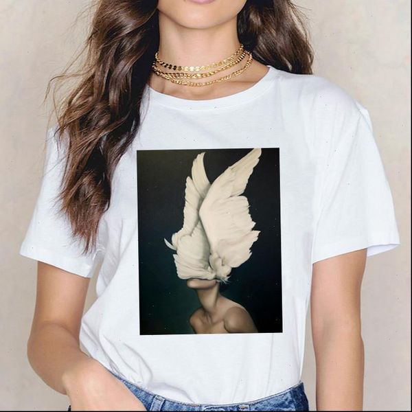 

fashion short sleeve tshirt wings feather surreal artwork printed soft white tees casual o neck t shirt tshirt cloth