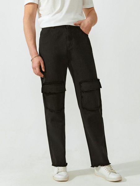 

men flap pocket raw hem carrot jeans h6sb#, Blue