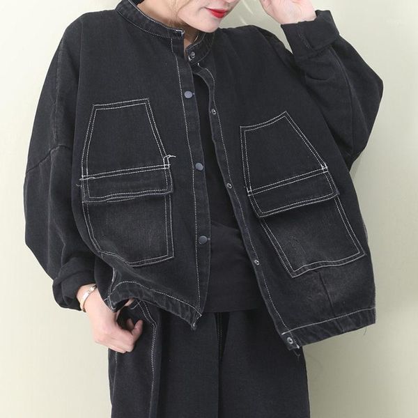 

spring coat 2020 new korean style loose oversize line crimping pockets vintage denim short jacket women with big pockets r4851, Black;brown