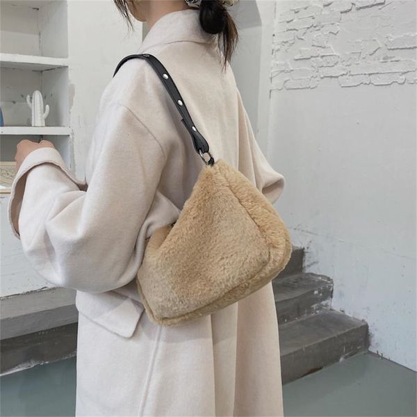 

winter plush crossbody bags for women casual solid color women shoulder bag fashion faux fur women's handbags large women's bag
