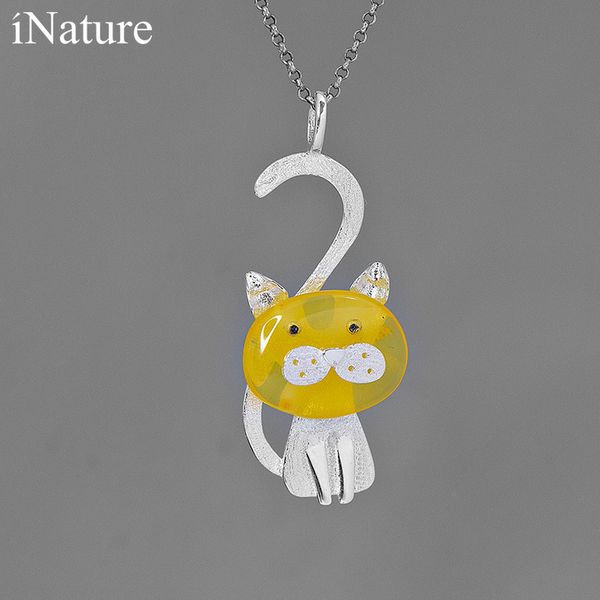 INATURE Natürliche Bernstein Nette Kitty Katze 925 Sterling Silber Halskette Für Frauen Edlen Schmuck Q0531