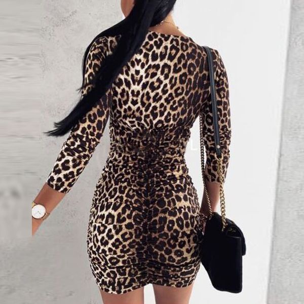 Vestidos lady sexy v pescoço manga longa mini vestido elegante leopardo imprimir dobra vestido curto outono mulheres slim bodycon vestidos de festa y0118