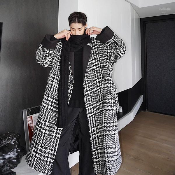 

black white houndstooth loose winter trench coats for mens with waistband gown style vintage long jackets desinger overcoats1, Tan;black