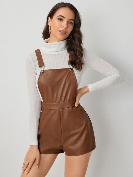 

solid pu leather pinafore romper without sweater z4zy#, White