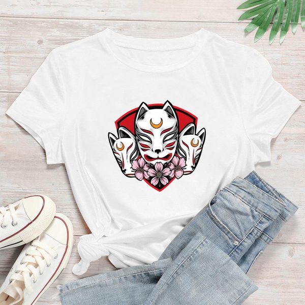 

three white fox ghost masks graphic streetwear new t shirt women loose minimalism oversize t-shirt kawaii refreshing t shirt