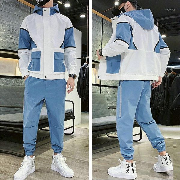 

2020 workwear jacket men's hooded jacket+pants 2pc sets loose hip hop tracksuit mens coat & long pants mens clothing streetwear1, Gray