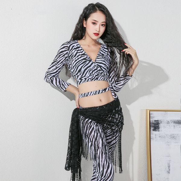 

2021 winter new zebra print womens belly dancing costume set long sleeve blouse leggings dancer practice wear cheap, Black;red