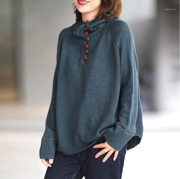 

large size knitting t-shirt women autumn winter loose retro pullovers female new hooded button casual t-shirt 1, White