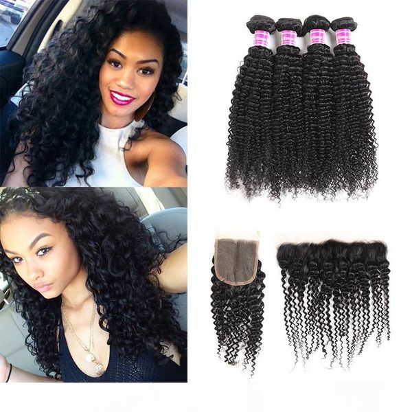 

superior supplier brazilian virgin hair vendors kinky curly human hair weave bundles with lace frontal closure hair extensions wefts for you, Black