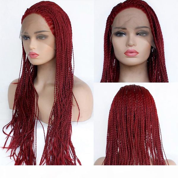 

wholesale synthetic braided lace front wigs twist braids light burgundy wigs for black women half hand tied