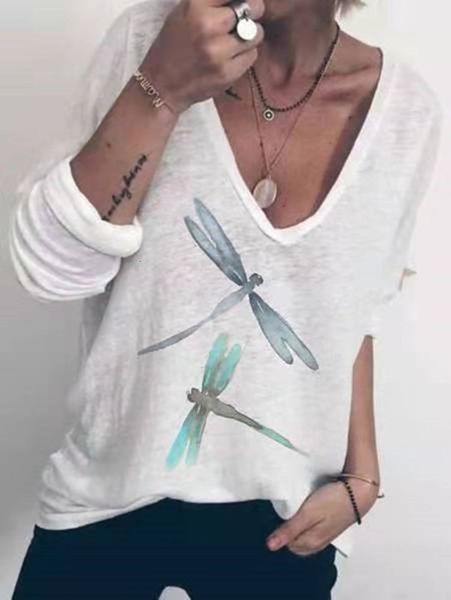 

2020 new women's craft printed v-neck long sve casual t-shirt, Black;gray