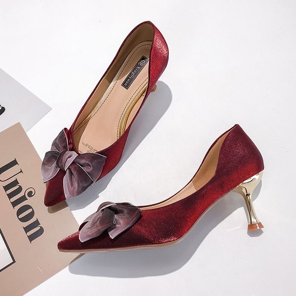 

women red high heel shoes bow-knot pointed toe pumps slip-on party wedding ladies office shoes high thin heel sapato feminino, Black
