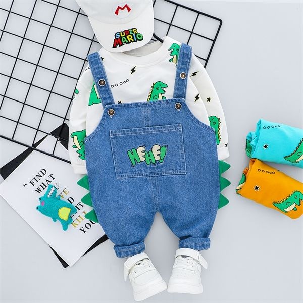 

new toddler boy girl cartoon denim overalls clothing set for 1 2 3 4 years dinosaur kid autumn infant clothes baby pants outfit 0927, White
