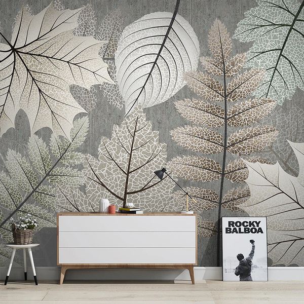 Salon Dining Boyama Özel 3D Duvar Resimleri Duvar kağıdı Gri Nordic Modern Bitki Yapraklar TV Arkaplan