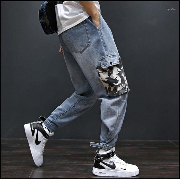 

s-4xl 2020 new loose jeans spring men loose large size rope elastic waist harem pants feet youth trend feet denim nine pants1, Blue