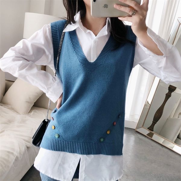 

autumn and winter v-neck lace woolen waistcoat pullover vest loose sweater knitted sleeveless vest women outer 201225, White;black
