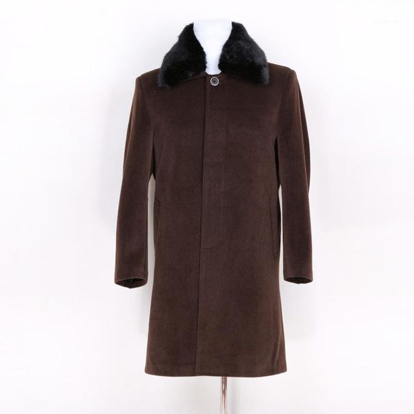 

men thick winter cashmere coat casual vintage long brown faux fur wool blend coat male detachable collar woolen warm windreaker1, Black