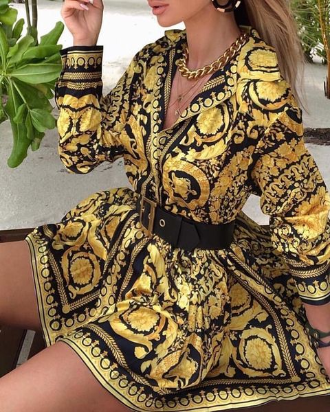 

vintage women printed shirt dress fashion lady long sleeve turn-down collar swing dress female party a-line spring fall dress, Black;gray