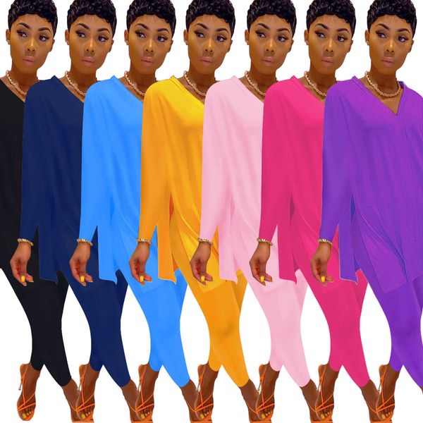 

womens casual slit two-piece set clothing fall fashion tracksuit 2020 womens solid color sewn v-collar bat sleeve flared pants dhl, White