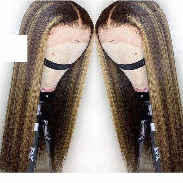

lace front human hair wigs peruvian virgin hair glueless pre plucked with baby hair ombre straight highlights honey blonde color wig, Black;brown