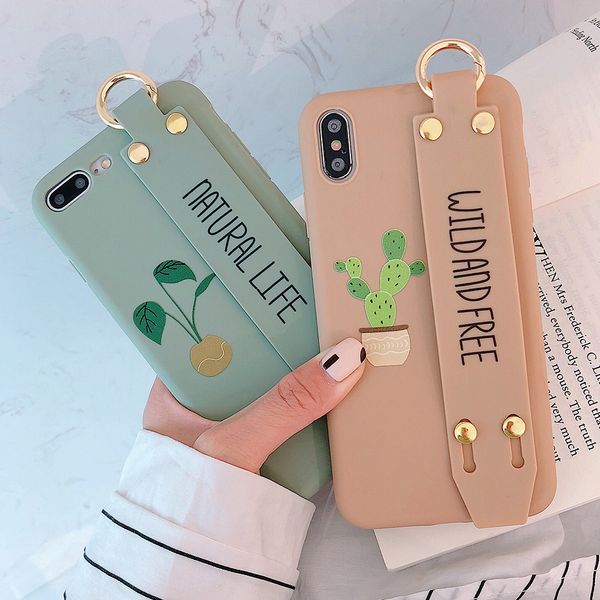 

lovely cactus phone case for iphone 11 11pro xs max xr x 8 7 6 6s plus cases soft shell couples bracket wrist strap cover