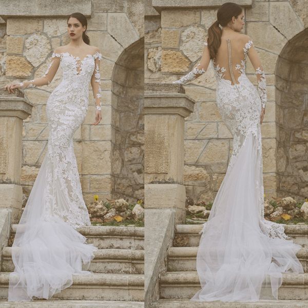 

new lace mermaid wedding dresses sheer neck long sleeve bridal gowns see through sweep train robes de mariÃ©e, White