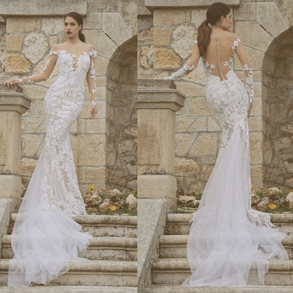 Novos vestidos de casamento de sereia de renda Sexy pura decote manga comprida vestidos de noiva ver através de varredores trens roubes de mariée