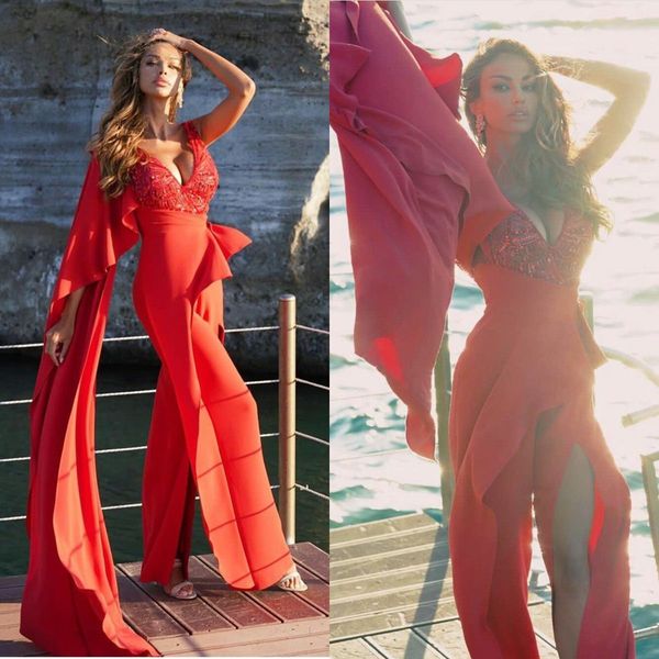 

2021 red evening gowns jumpsuits v neck long sleeve sequins prom dress ruffle runway fashion red carpet dress, Black;red