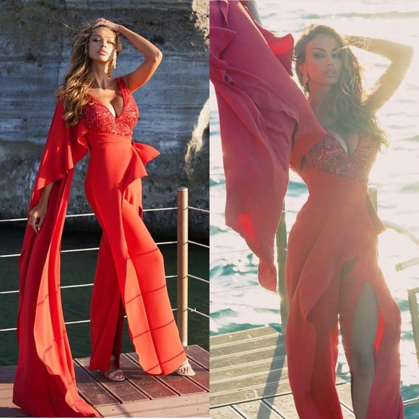 2021 abiti da sera rossi tute sexy scollo a V manica lunga paillettes vestito da ballo volant sfilata moda vestito dal tappeto rosso