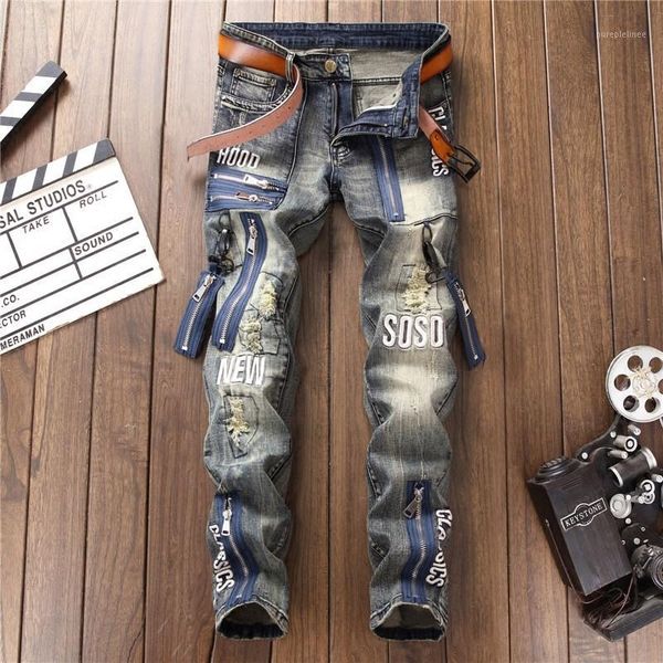 

new vintage zippers ripped jeans men letters embroidery patchwork washed denim pants fashion slim straight mens jeans ds507281, Blue