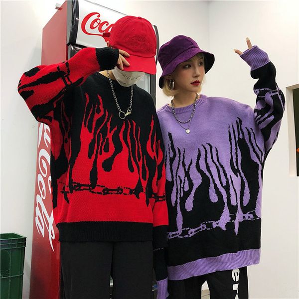 

new autumn and winter men's sweater harajuku flame knit loose long-sleeved sweater hit color japanese style streetwear pullover round n, White;black