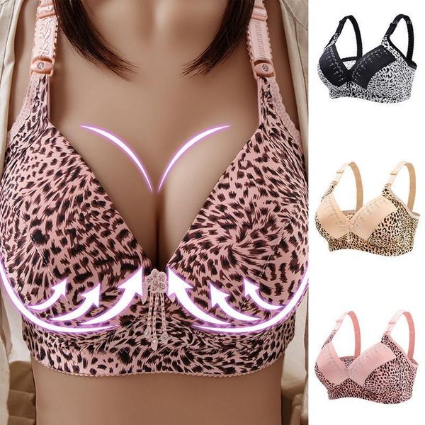 

women's plus size bra leopard print wire bras push up ajusted brassiere thin cup underwear1, Red;black
