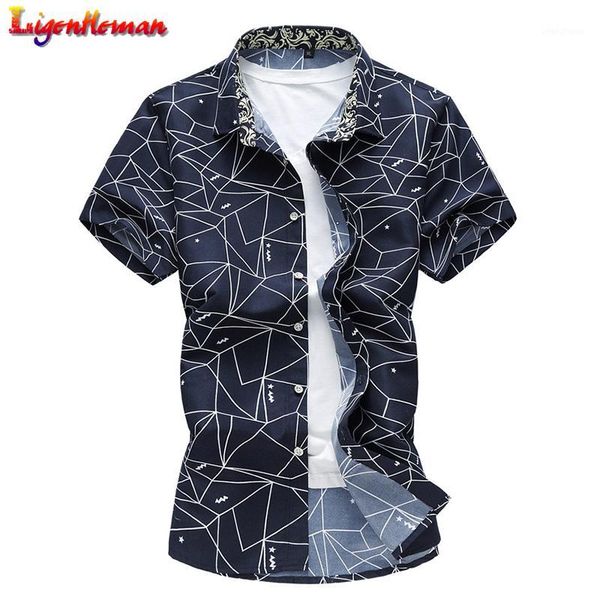 

men hawaiian slim short sleeve shirts men fashion black white stitching shirt men's geometric plaid printed casual shirt 7xl1, White;black