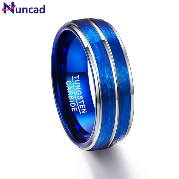 

wedding rings 2021 nuncad men's polished grooved tungsten carbide 8mm blue brushed hammered bands step edge size 7-12, Slivery;golden