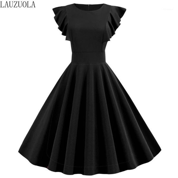 

solid black women summer dresses vintage 50 60s rockabilly pinup party vestidos petal sleeve office dress knee-length 20201, White;black