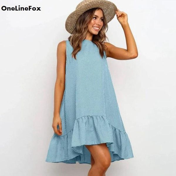 

casual dresses onelinefox plaid a-line mini summer women boho sleeveless o neck ruffles beach short dress1, Black;gray