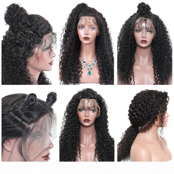 

natural looking kinky curly wigs with hairline deep wave glueless brazilian virgin human hair 360 lace front wigs with bleached knots, Black;brown
