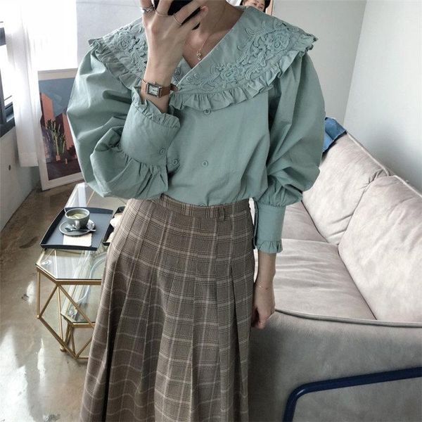 

alien kitty 2020 ruffles sweet women shirts regular full sleeves embroidery flowers chic v-neck all match blouses1, White