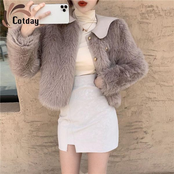 

cotday korea loose imitation fur long sleeve temperament women leather collar minority design feeling autumn winter plush coat1, Black