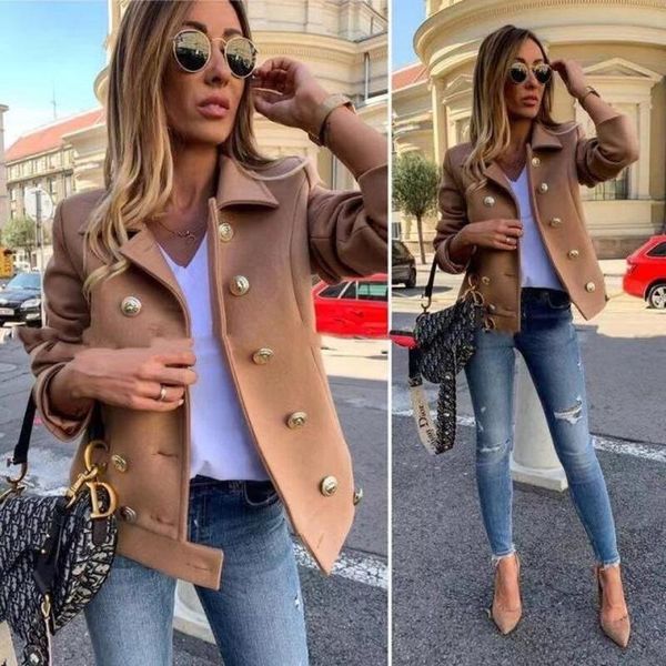 

women's jackets autumn/winter retro double-breasted wool british street blended jacket warm fashion casual coat crop, Black;brown