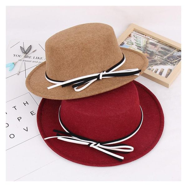 

fashion lady british retro flat wool jazz cap autumn winter vintage fedoras women men bowknow tie fedora hats1, Blue;gray