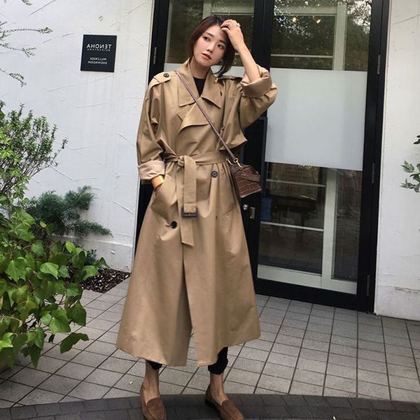 

casual long trench coat women sashes 2020 plus size spring double breasted elegant khaki loose windbreaker female outwear autumn 1028, Tan;black