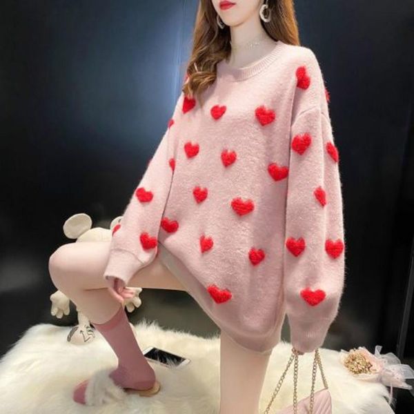 

2021 autumn new fashion chic long sleeve round neck pullover women loose knit women casual loose love heart sweater y225, White;black