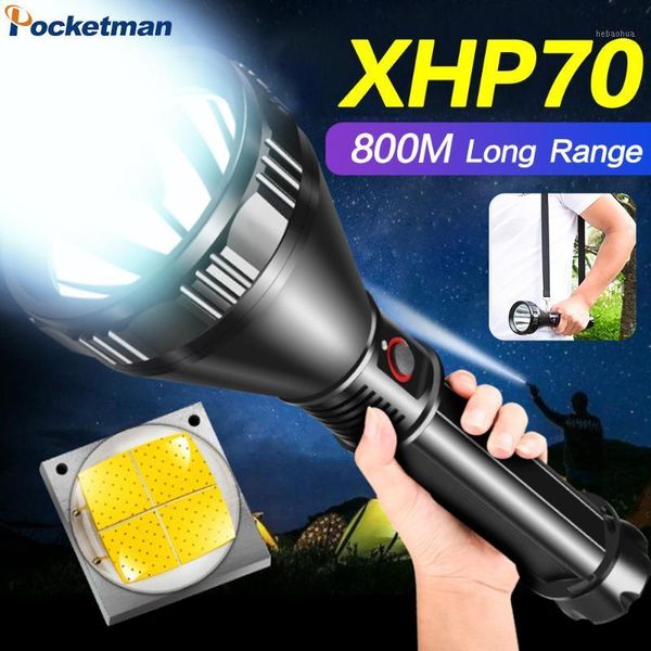 XHP70.2 LED Torch 800 m Geniş açılı Uzun Menzilli Şarj Edilebilir Su Geçirmez Fener Kamp Macera Fenerleri için 26650 Pil Kullanımı Torches