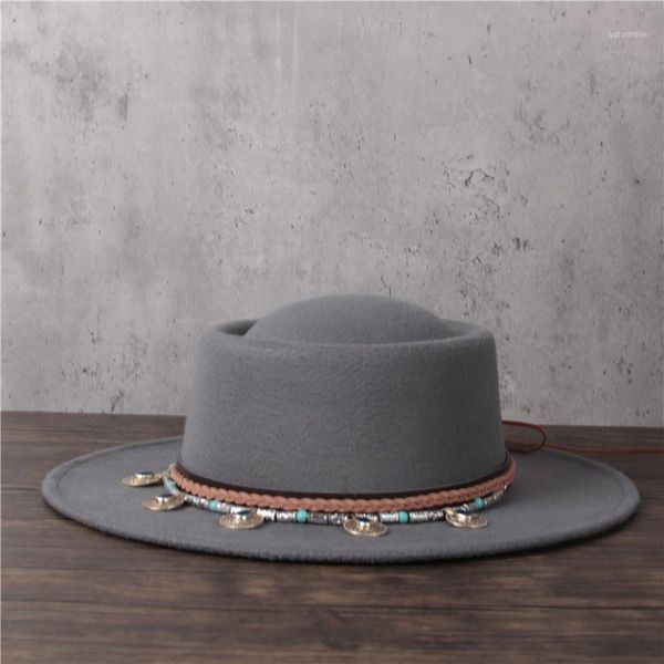 

women men wool fedora hat lady tassel pork pie hat gentleman flat porkpie jazz size 56-58cm1, Blue;gray