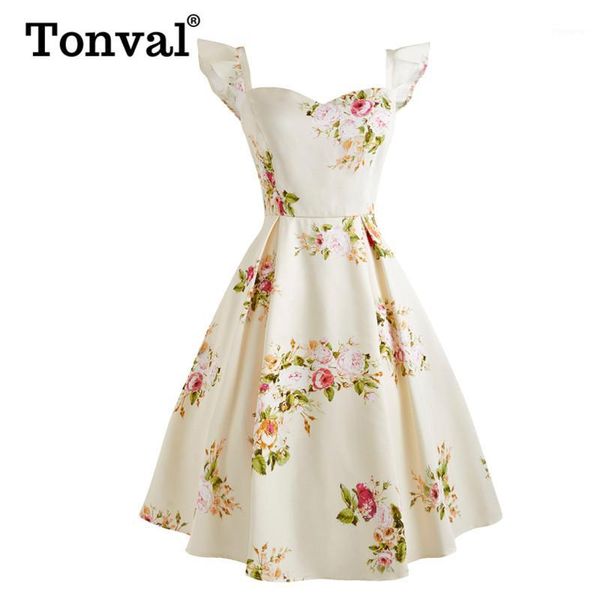 

tonval beige floral print sweetheart neckline ruffle sleeve cute dress women summer backless party vintage dresses1, White;black