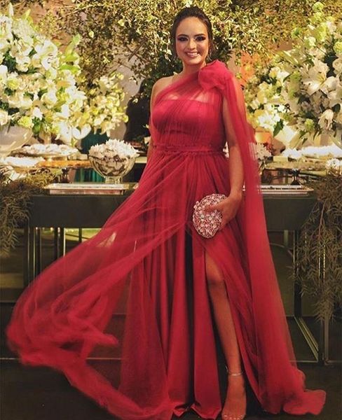 

one shoulder a -line evening dresses sleeveless pleated tulle split floor length prom dresses party gowns with cape l80, Black;red
