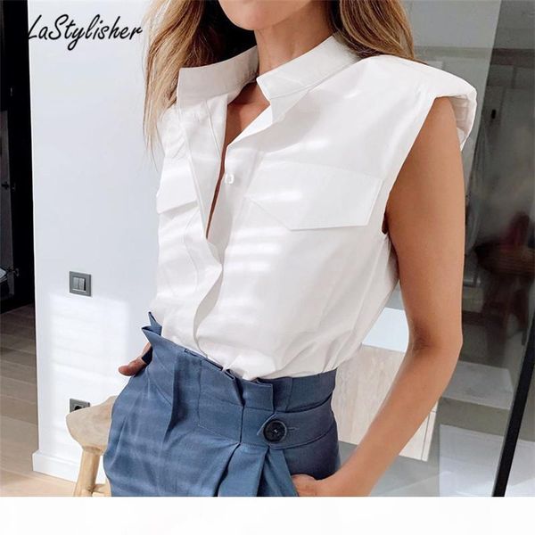 

повседневных рукава белой рубашки блузка лето женщин офис блуза дама плеча проложенных верхняя кнопка stand воротник рубашка женщина 2020, White