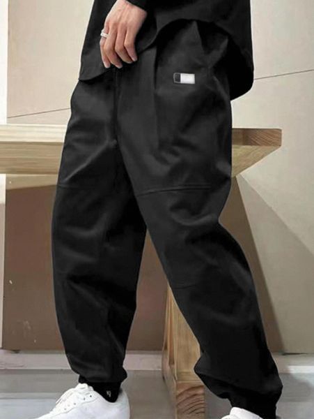 

men patched detail drawstring waist pants p73v#, Black