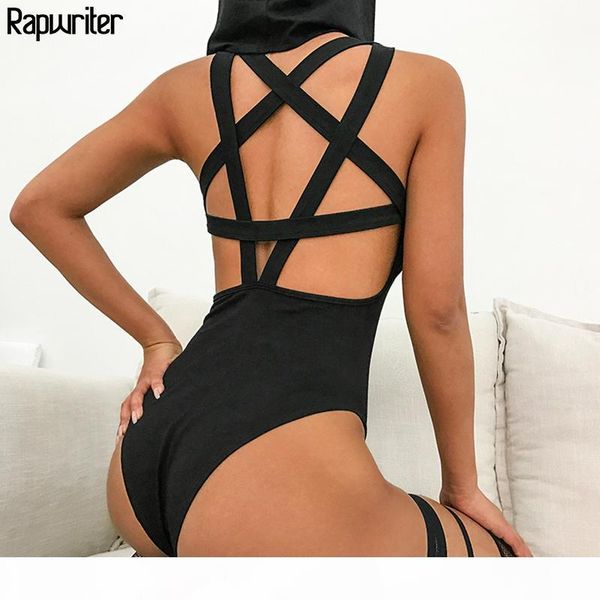 

rapwriter backless solid star cross bandage hoodied bodysuits women 2019 spring streetear sleeveless open crotch bodysuit t200116, Black;white